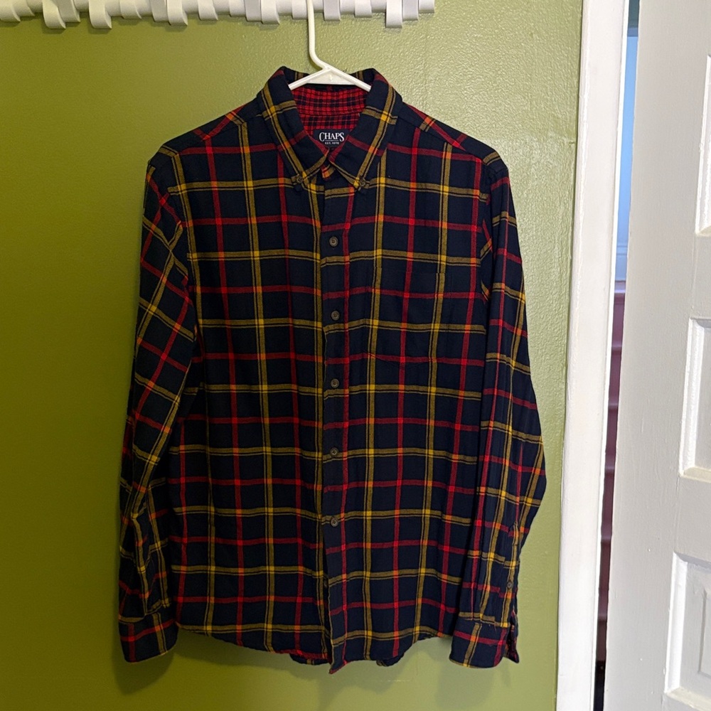 Chaps Men's Navy and Yellow Plaid Shirt